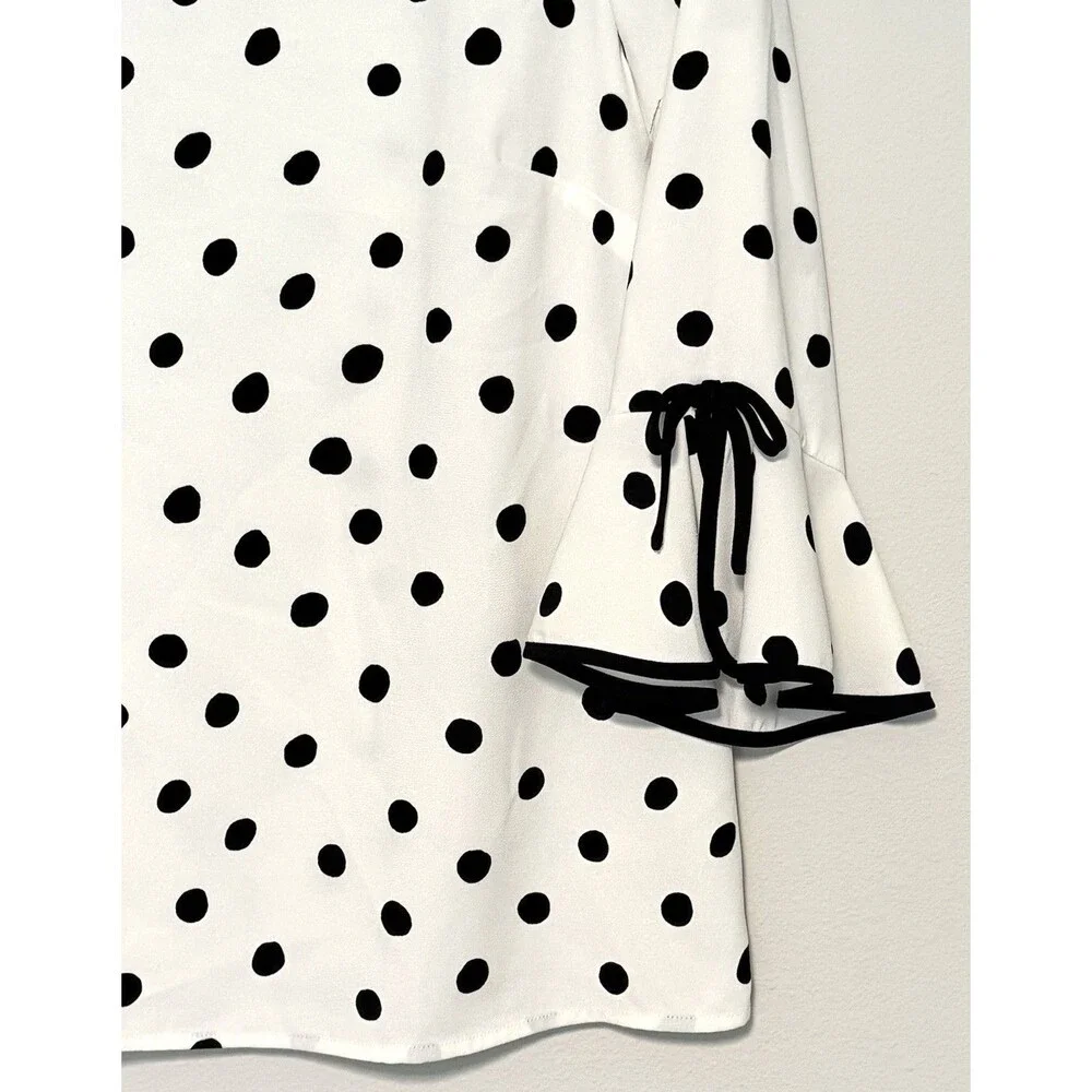 Talbots Petites Polka Dot Blouse Sz SP Ivory Black Bell Sleeve Capsule Career